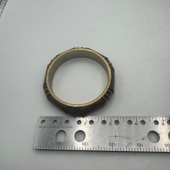 Wood Brass Octagon Bangle Bracelet Unique Retro Boho Style Accessory - Picture 4 of 5